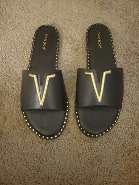 Bamboo Black Slide Sandals with Gold Accent